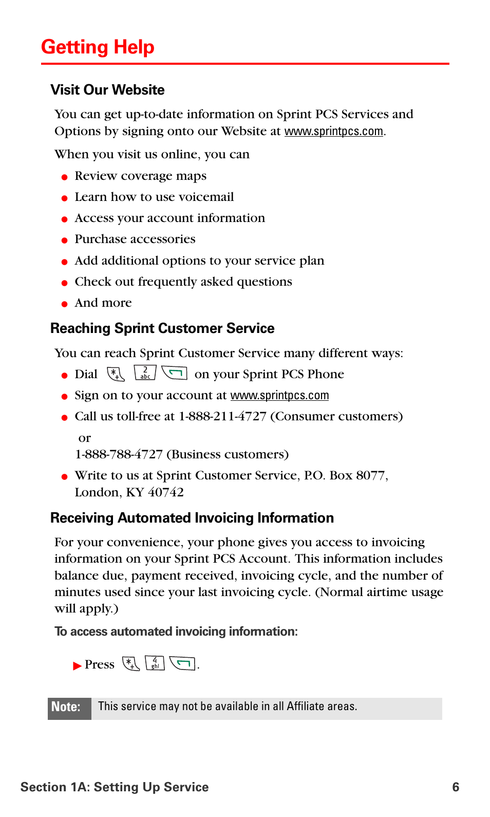 Getting help, Visit our website, Reaching sprint customer service | Receiving automated invoicing information | Nokia 6016i User Manual | Page 14 / 169