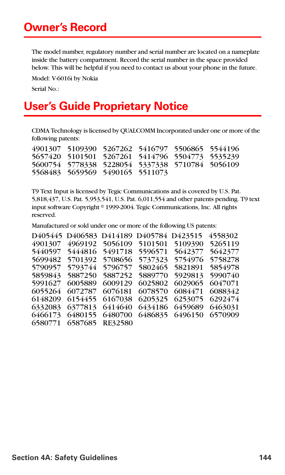 Owner’s record, User’s guide proprietary notice | Nokia 6016i User Manual | Page 152 / 169