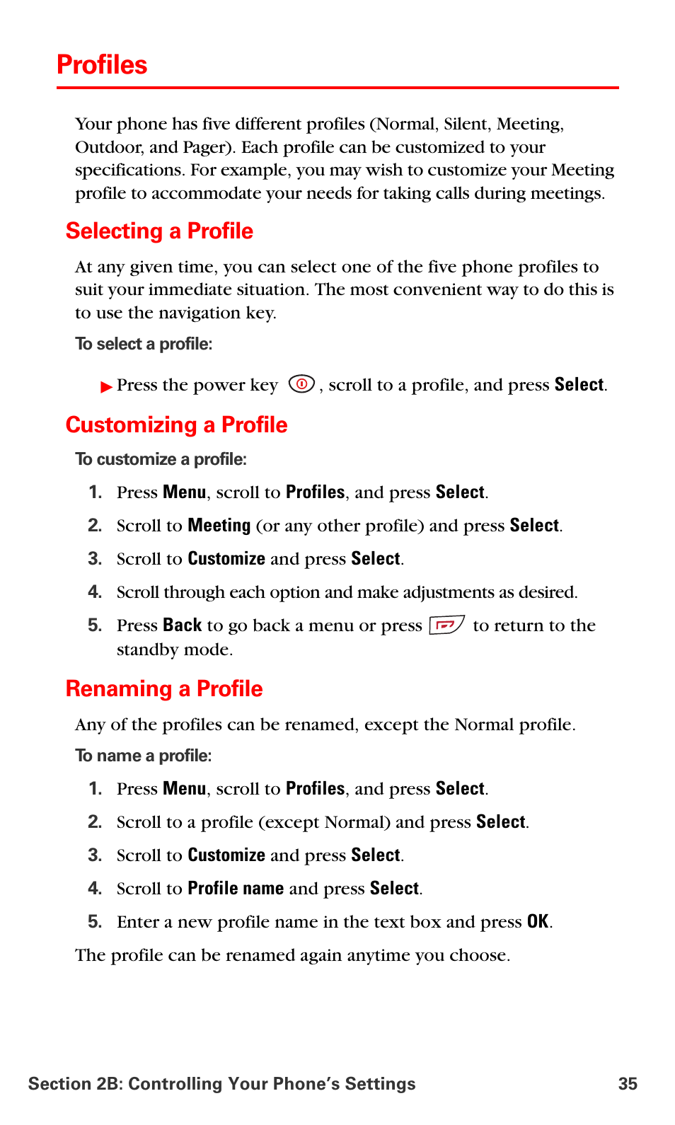 Profiles, Selecting a profile, Customizing a profile | Renaming a profile | Nokia 6016i User Manual | Page 43 / 169