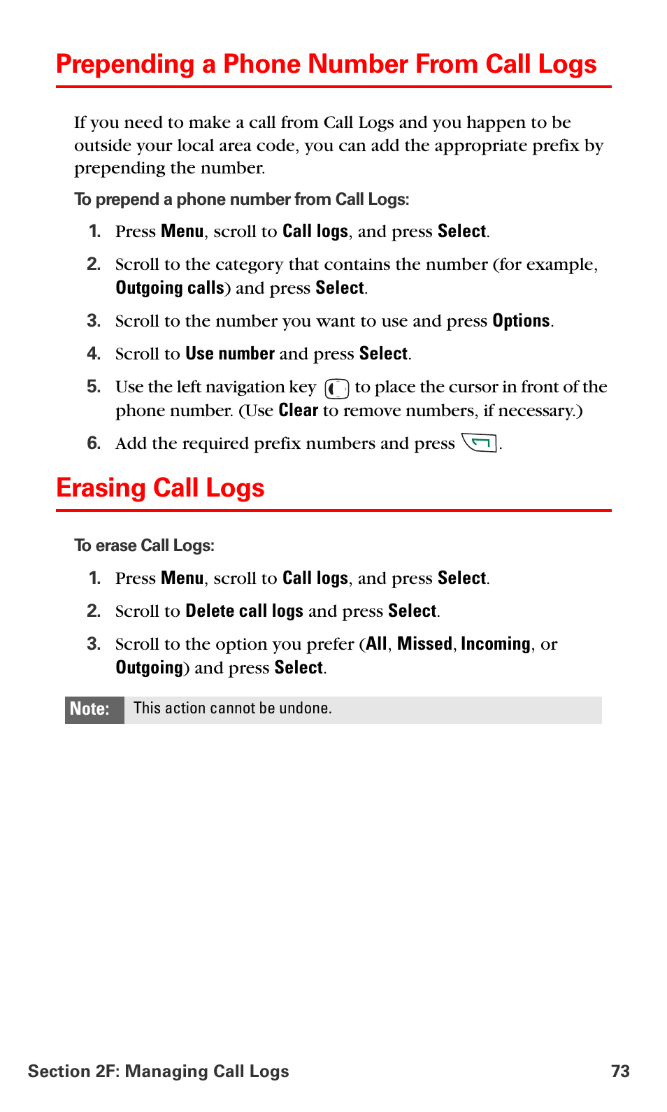 Prepending a phone number from call logs, Erasing call logs | Nokia 6016i User Manual | Page 81 / 169