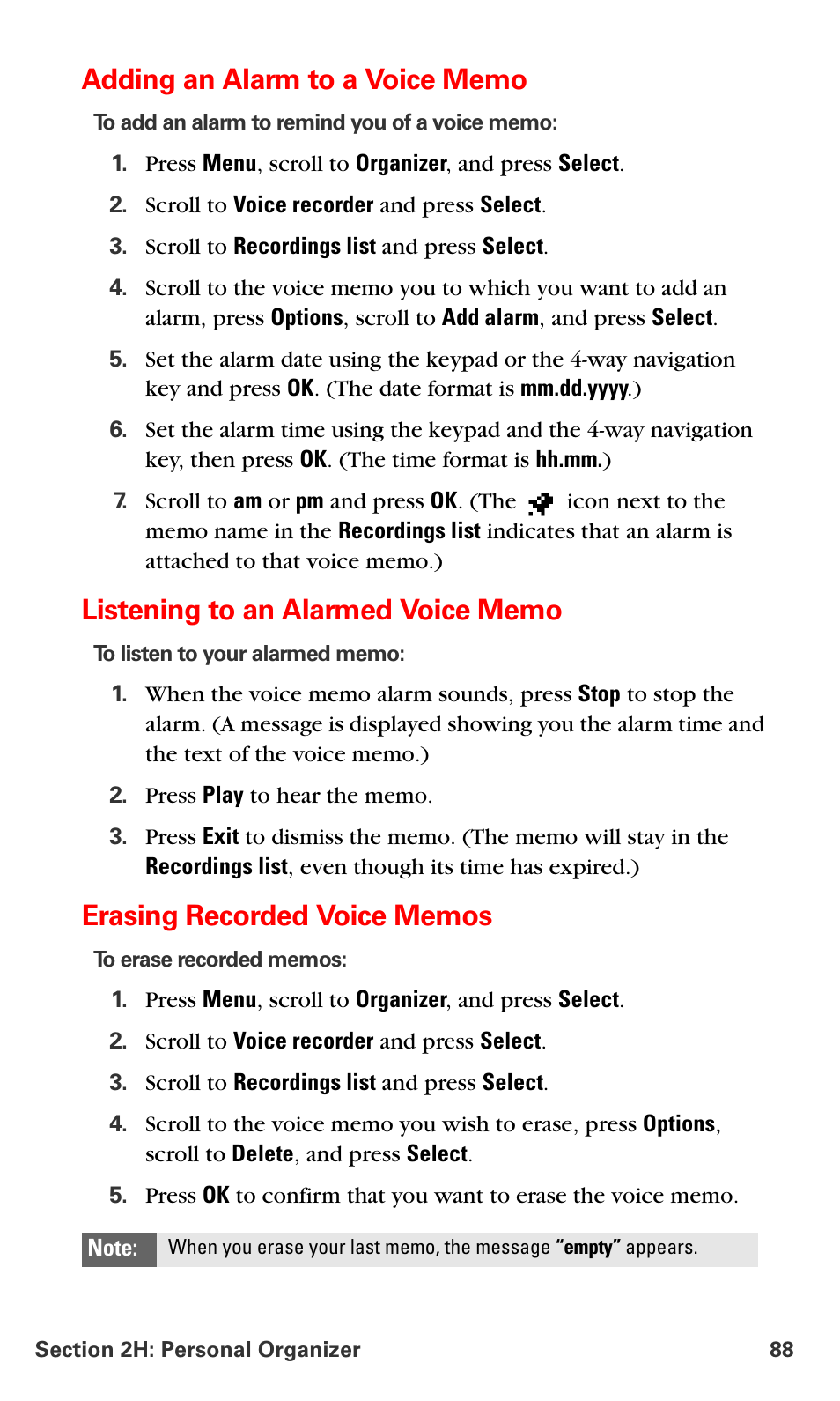 Adding an alarm to a voice memo, Listening to an alarmed voice memo, Erasing recorded voice memos | Nokia 6016i User Manual | Page 96 / 169