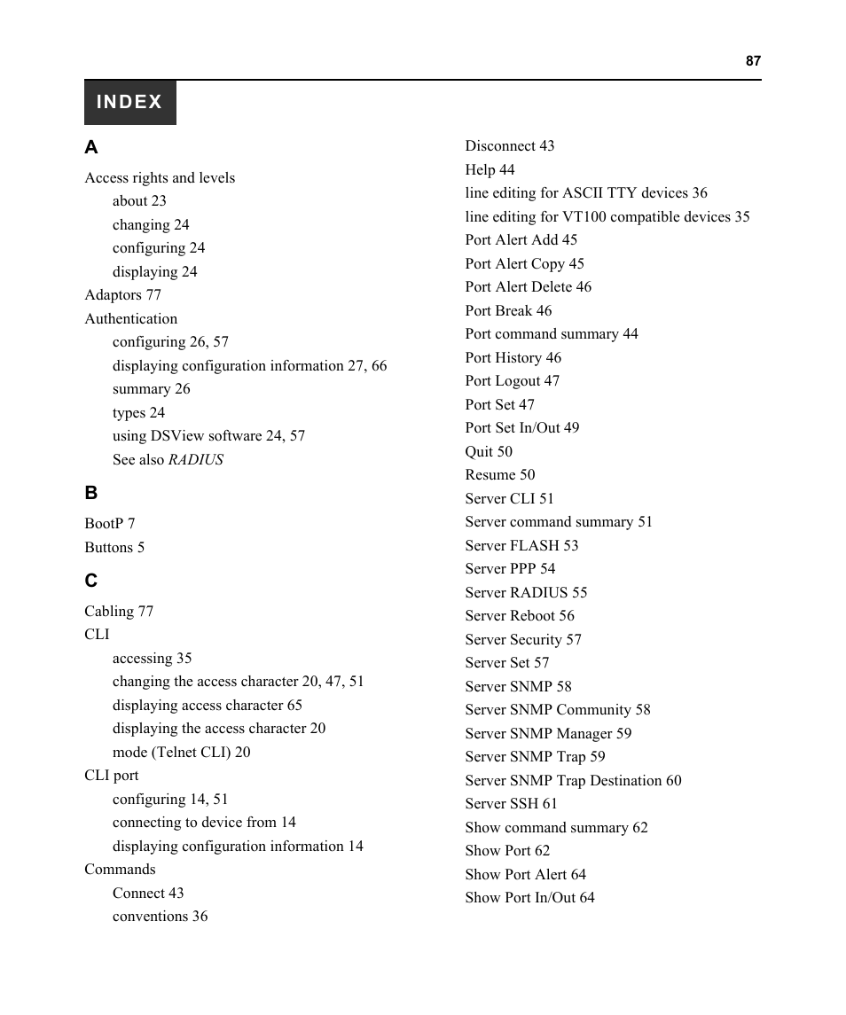 Index | Avocent CPS810 User Manual | Page 101 / 108