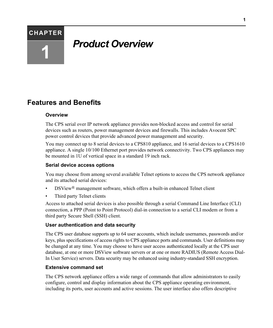 Product overview, Features and benefits, Chapter 1: product overview | Avocent CPS810 User Manual | Page 15 / 108