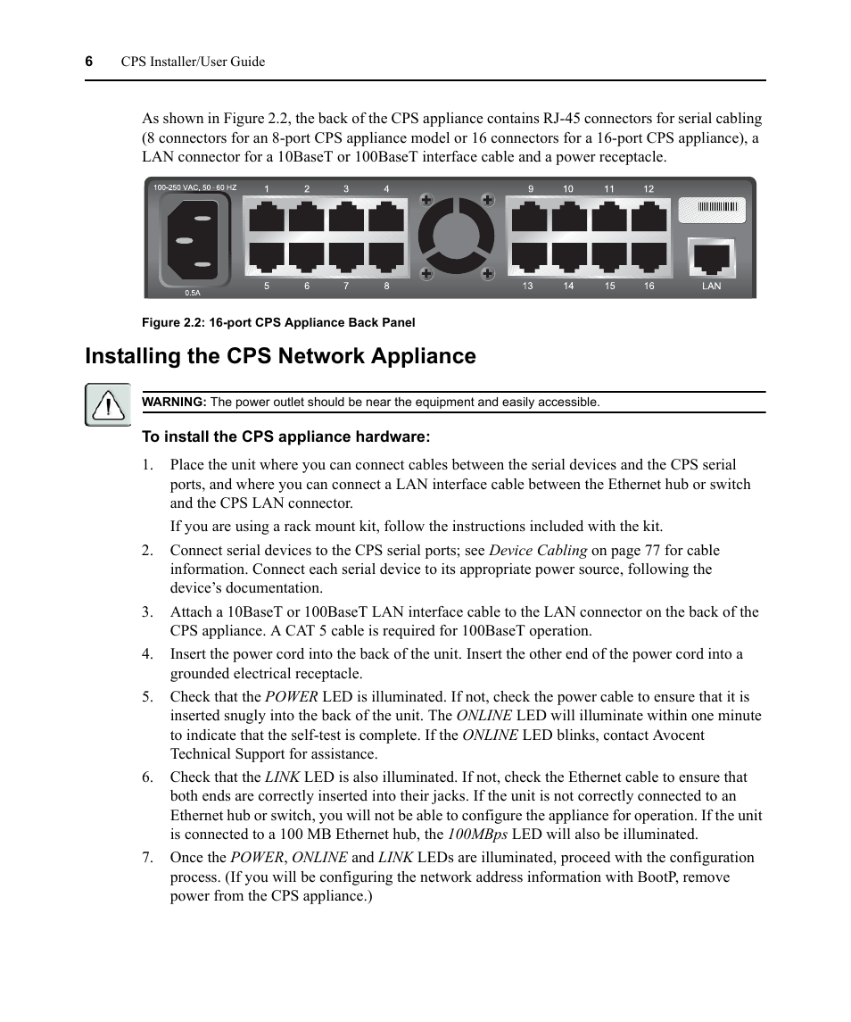 Installing the cps network appliance, Figure 2.2: 16-port cps appliance back panel | Avocent CPS810 User Manual | Page 20 / 108