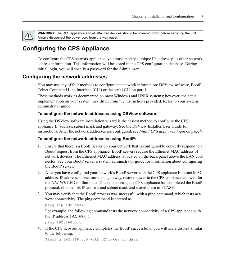 Configuring the cps appliance, Configuring the network addresses | Avocent CPS810 User Manual | Page 21 / 108