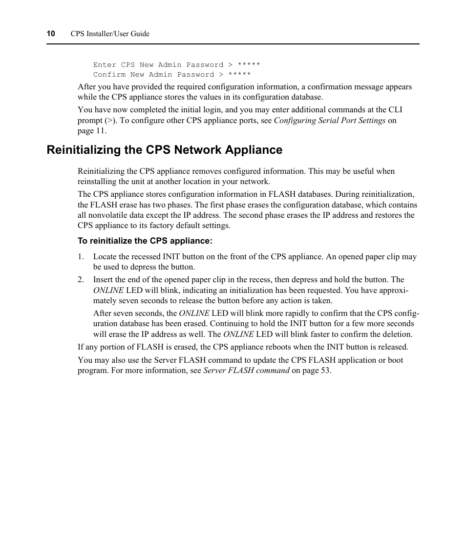 Reinitializing the cps network appliance | Avocent CPS810 User Manual | Page 24 / 108