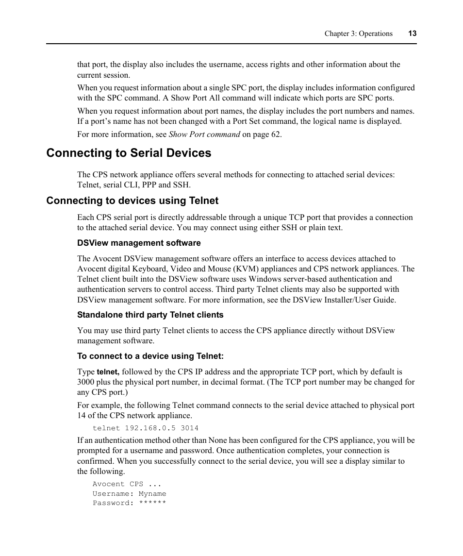 Connecting to serial devices, Connecting to devices using telnet | Avocent CPS810 User Manual | Page 27 / 108