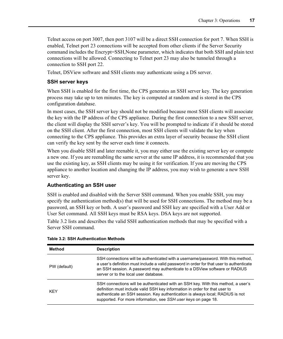 Table 3.2: ssh authentication methods | Avocent CPS810 User Manual | Page 31 / 108