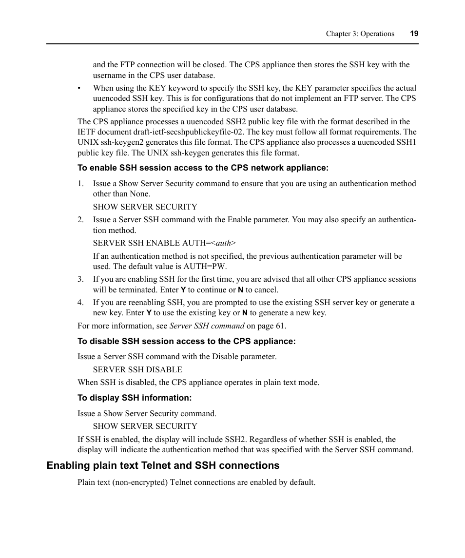 Enabling plain text telnet and ssh connections | Avocent CPS810 User Manual | Page 33 / 108