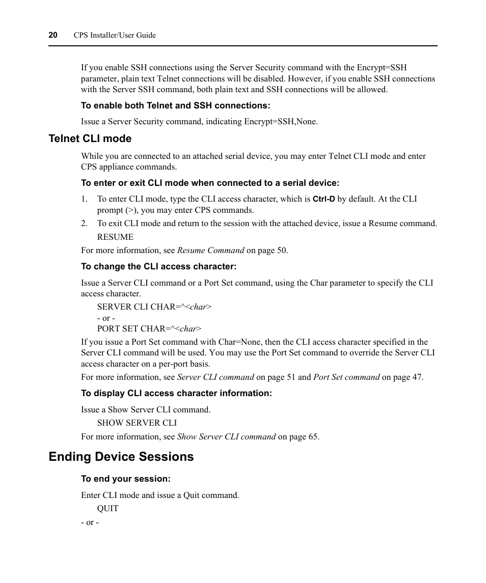 Telnet cli mode, Ending device sessions | Avocent CPS810 User Manual | Page 34 / 108