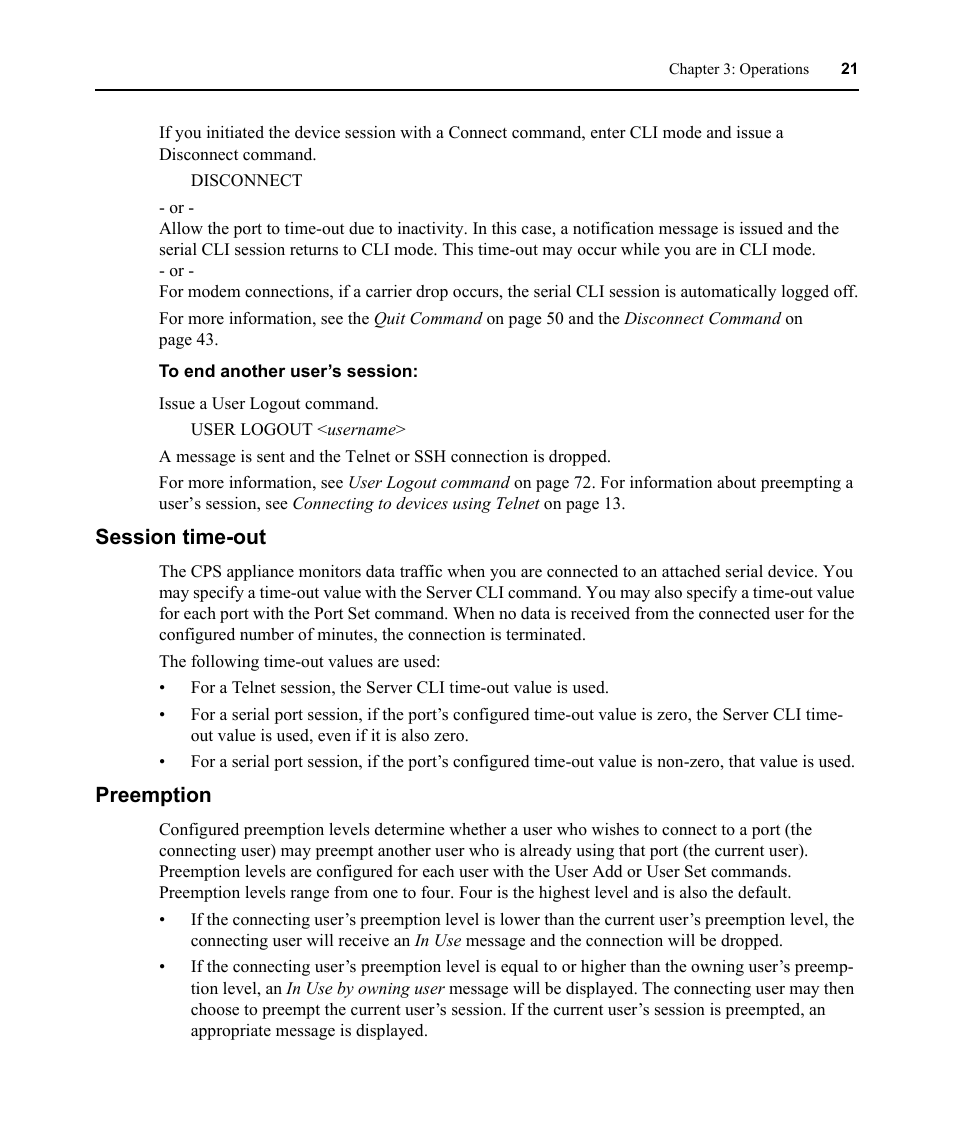 Session time-out, Preemption, Session time-out preemption | Avocent CPS810 User Manual | Page 35 / 108