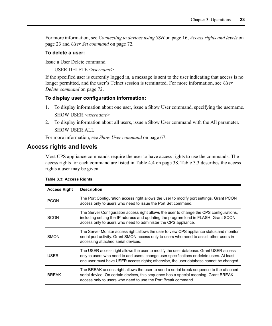 Access rights and levels, Table 3.3: access rights | Avocent CPS810 User Manual | Page 37 / 108