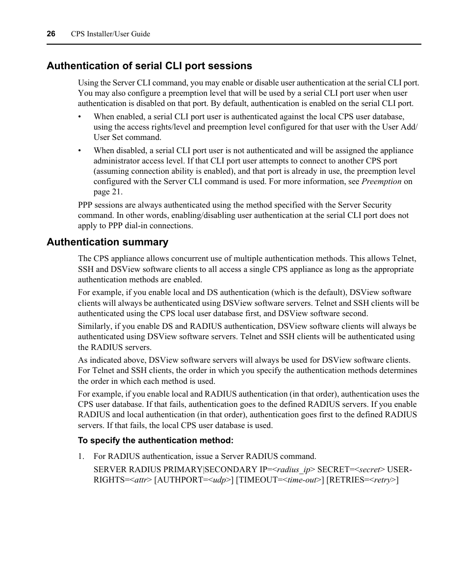 Authentication of serial cli port sessions, Authentication summary | Avocent CPS810 User Manual | Page 40 / 108