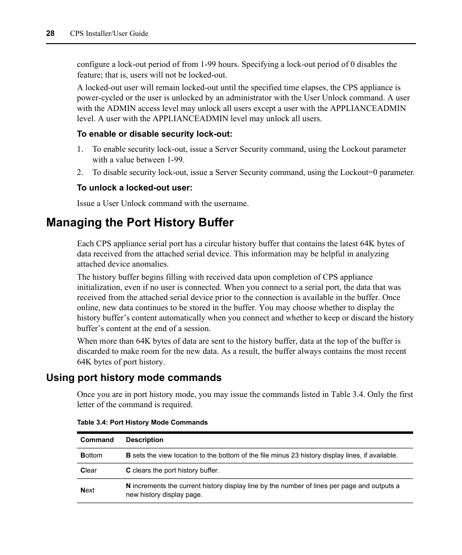 Managing the port history buffer, Using port history mode commands, Table 3.4: port history mode commands | Avocent CPS810 User Manual | Page 42 / 108