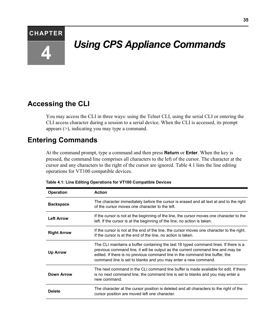 Using cps appliance commands, Accessing the cli, Entering commands | Chapter 4: using cps appliance commands, Accessing the cli entering commands | Avocent CPS810 User Manual | Page 49 / 108