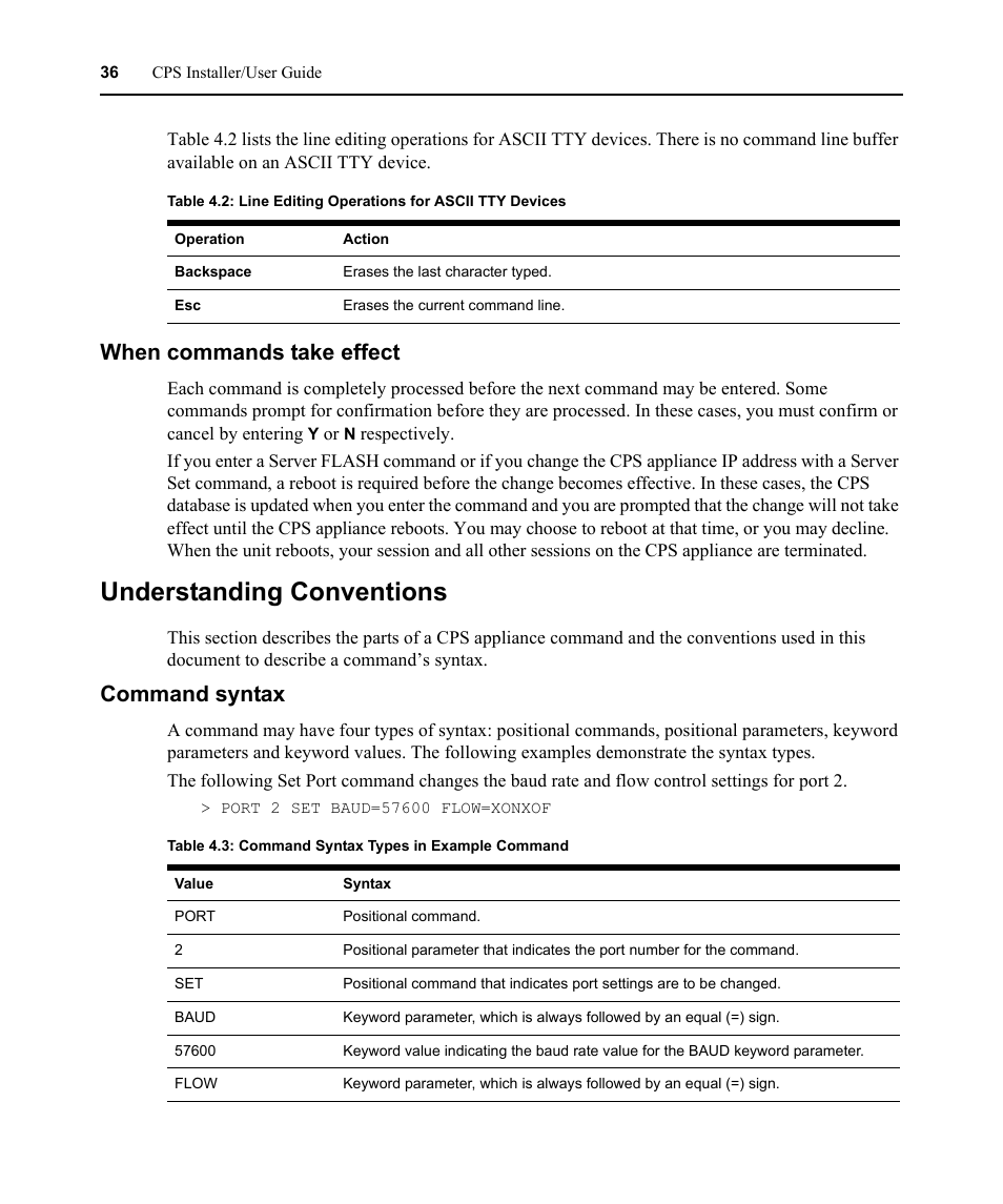 When commands take effect, Understanding conventions, Command syntax | Table 4.3: command syntax types in example command | Avocent CPS810 User Manual | Page 50 / 108