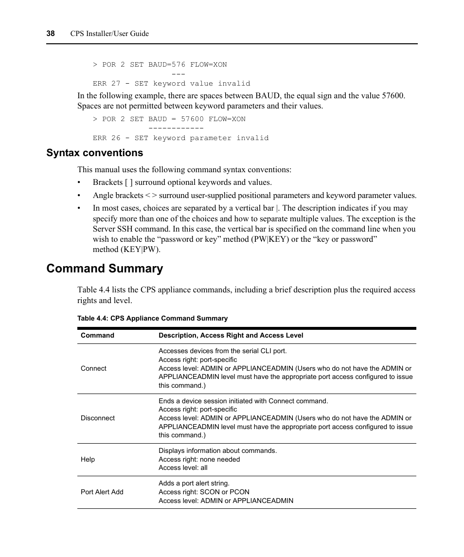 Syntax conventions, Command summary, Table 4.4: cps appliance command summary | Avocent CPS810 User Manual | Page 52 / 108