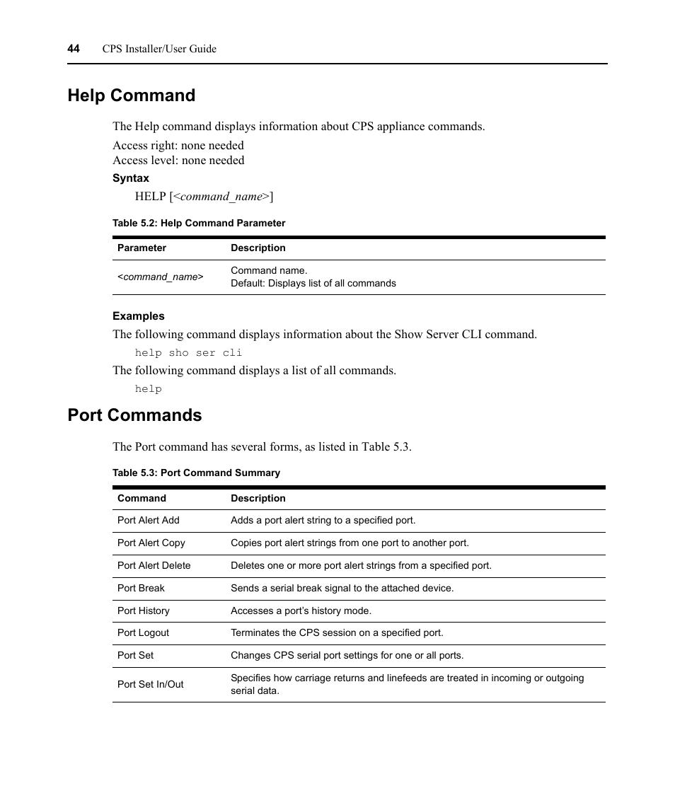 Help command, Port commands, Help command port commands | Table 5.2: help command parameter, Table 5.3: port command summary | Avocent CPS810 User Manual | Page 58 / 108