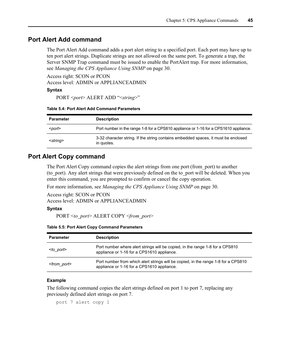 Port alert add command, Port alert copy command, Port alert add command port alert copy command | Table 5.4: port alert add command parameters, Table 5.5: port alert copy command parameters | Avocent CPS810 User Manual | Page 59 / 108