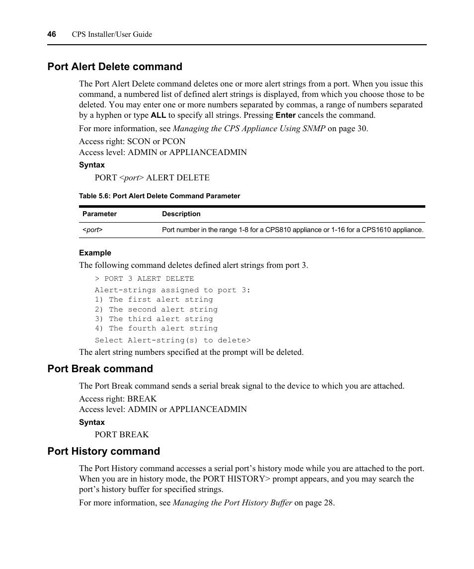 Port alert delete command, Port break command, Port history command | Table 5.6: port alert delete command parameter | Avocent CPS810 User Manual | Page 60 / 108