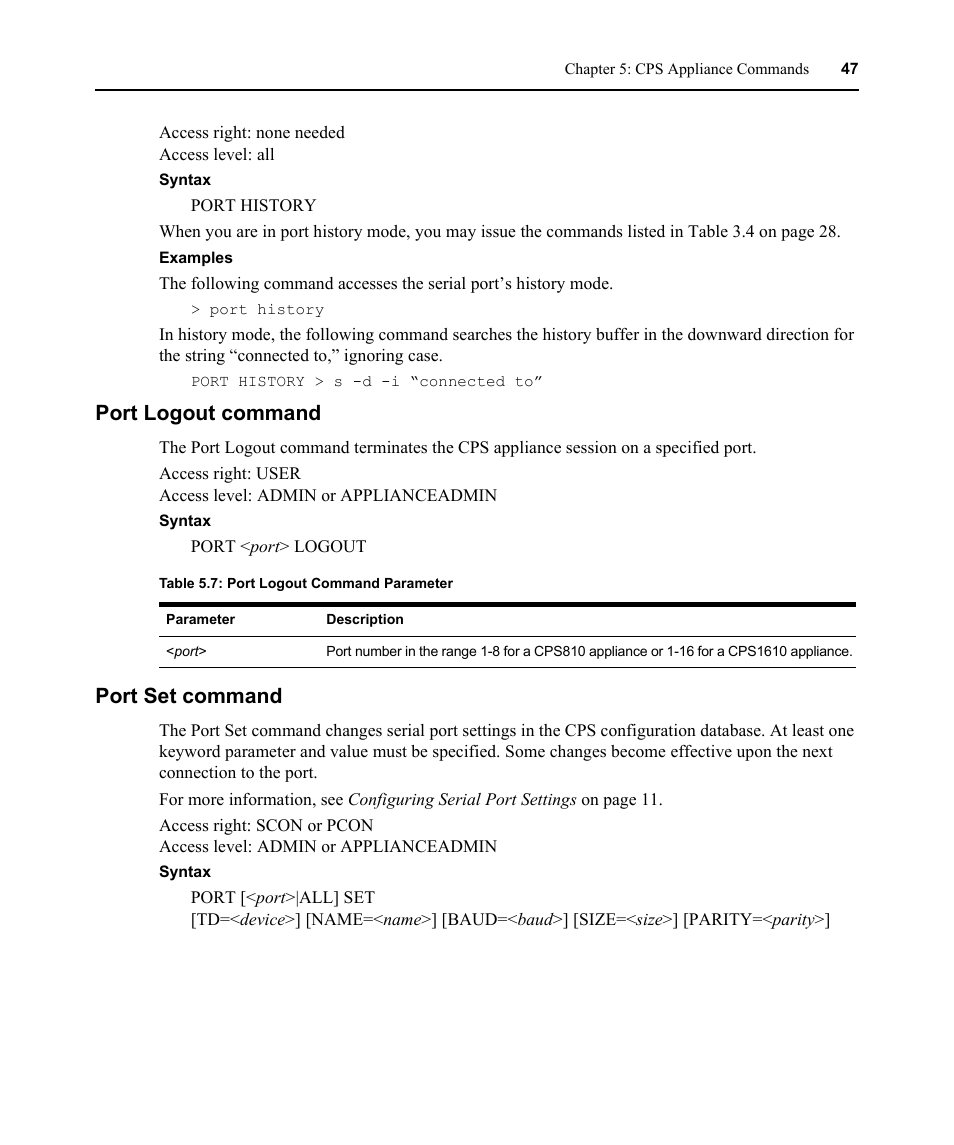 Port logout command, Port set command, Port logout command port set command | Table 5.7: port logout command parameter | Avocent CPS810 User Manual | Page 61 / 108