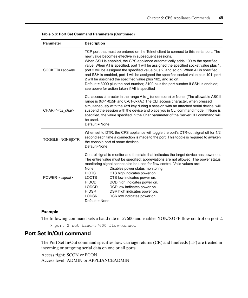 Port set in/out command | Avocent CPS810 User Manual | Page 63 / 108