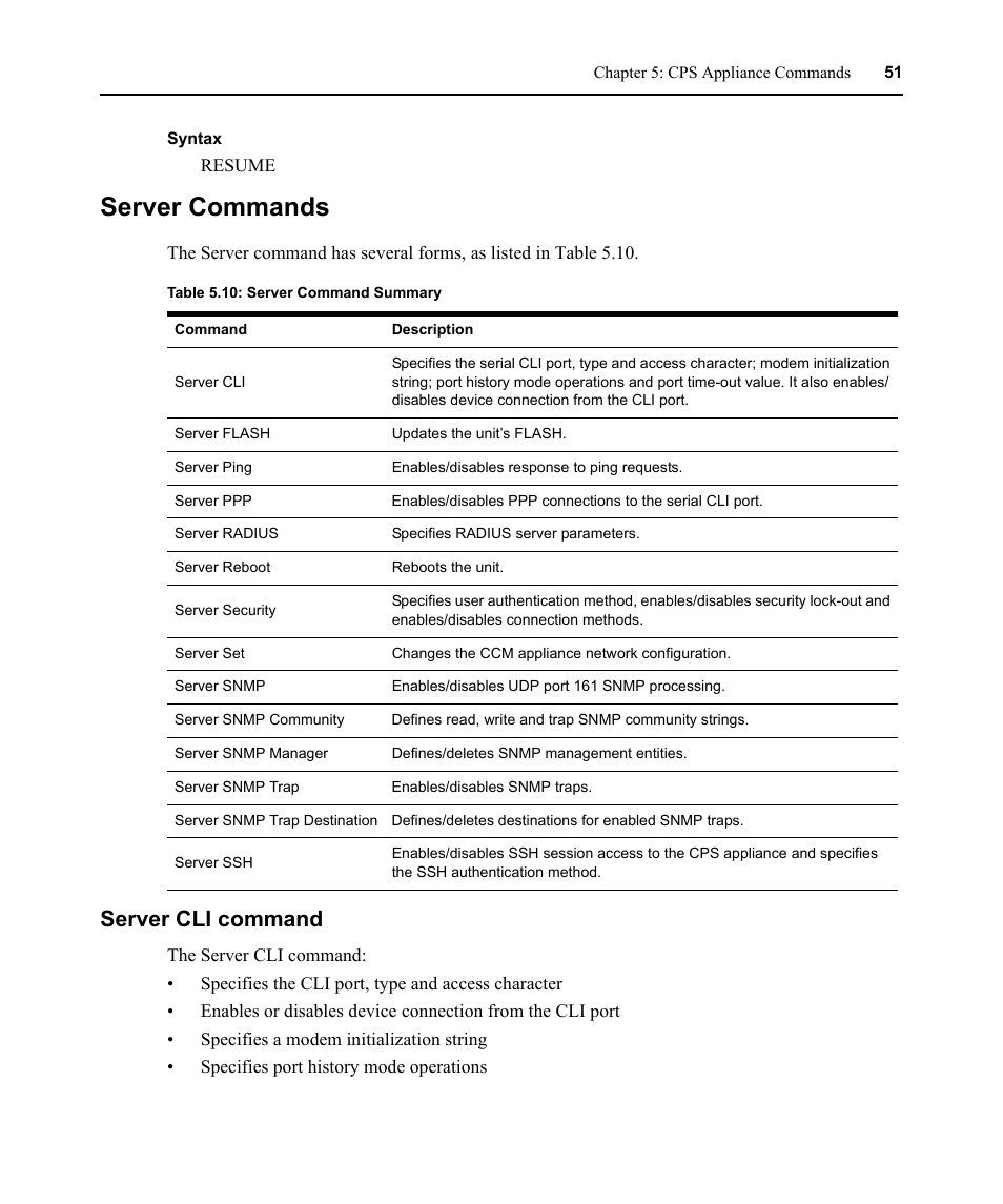 Server commands, Server cli command, Table 5.10: server command summary | Avocent CPS810 User Manual | Page 65 / 108