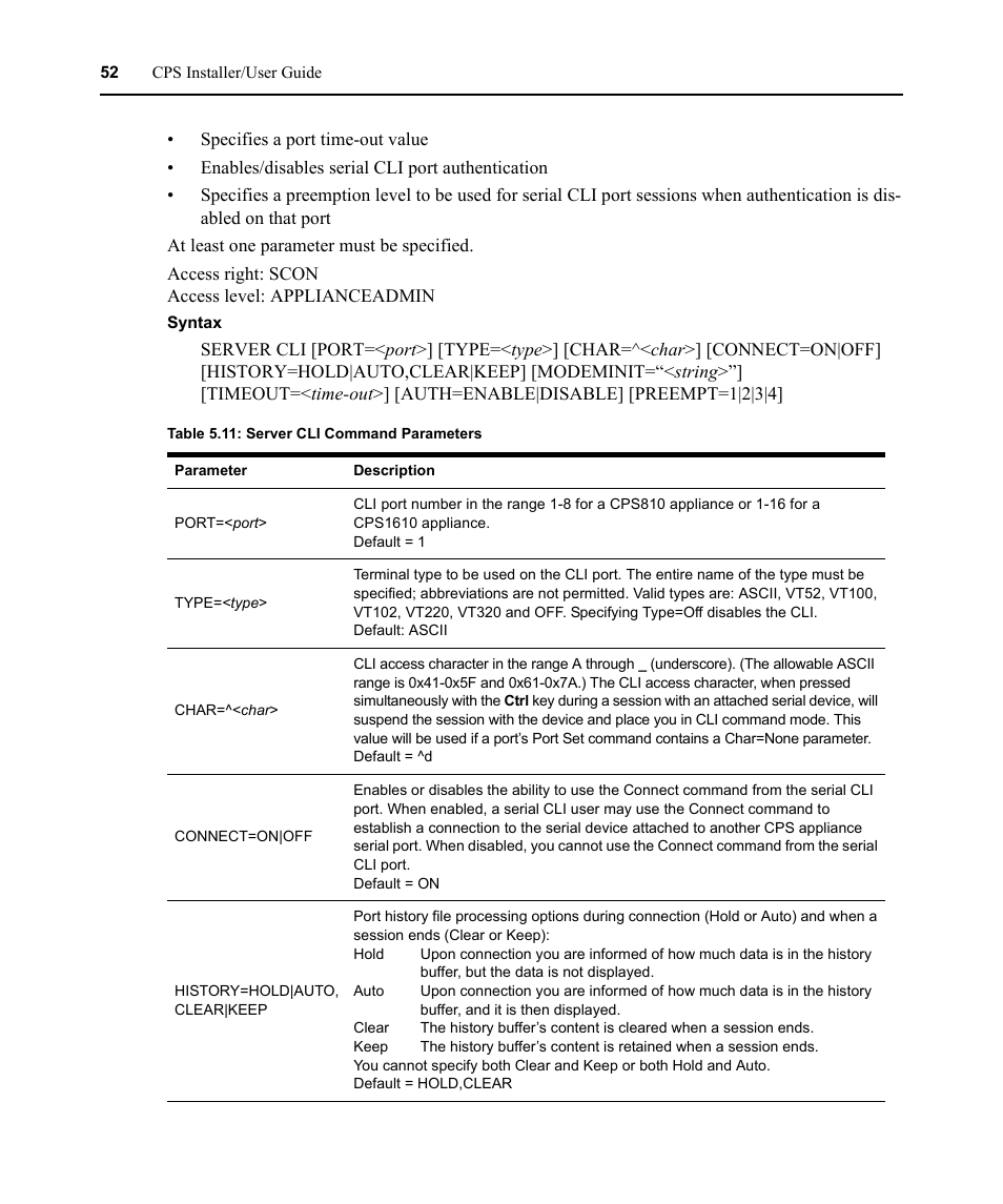 Table 5.11: server cli command parameters | Avocent CPS810 User Manual | Page 66 / 108