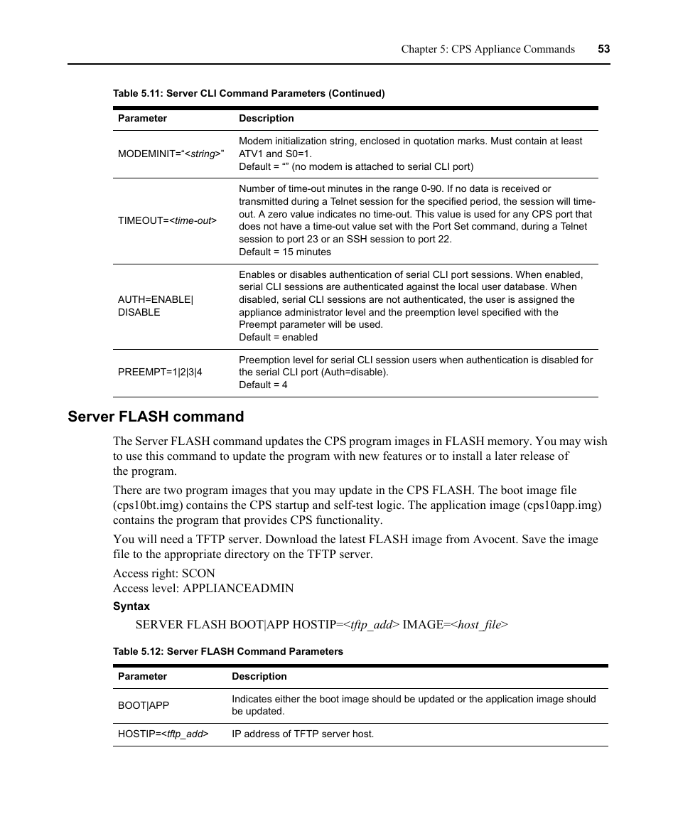 Server flash command, Table 5.12: server flash command parameters | Avocent CPS810 User Manual | Page 67 / 108