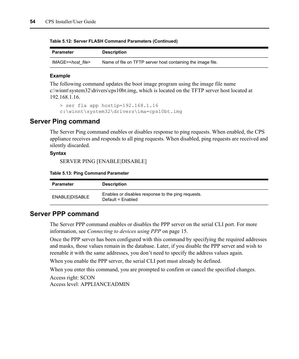 Server ping command, Server ppp command, Table 5.13: ping command parameter | Avocent CPS810 User Manual | Page 68 / 108