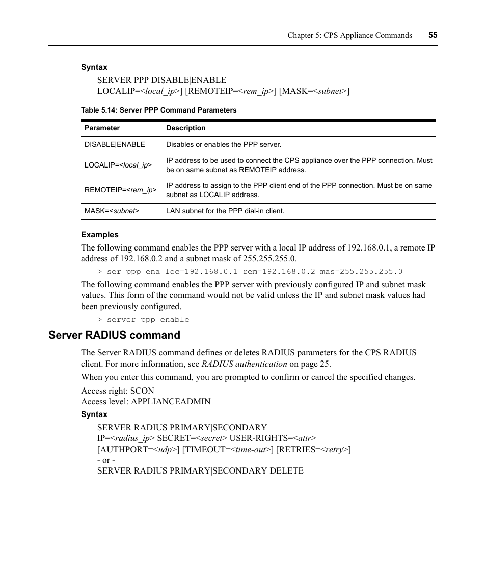 Server radius command, Table 5.14: server ppp command parameters | Avocent CPS810 User Manual | Page 69 / 108