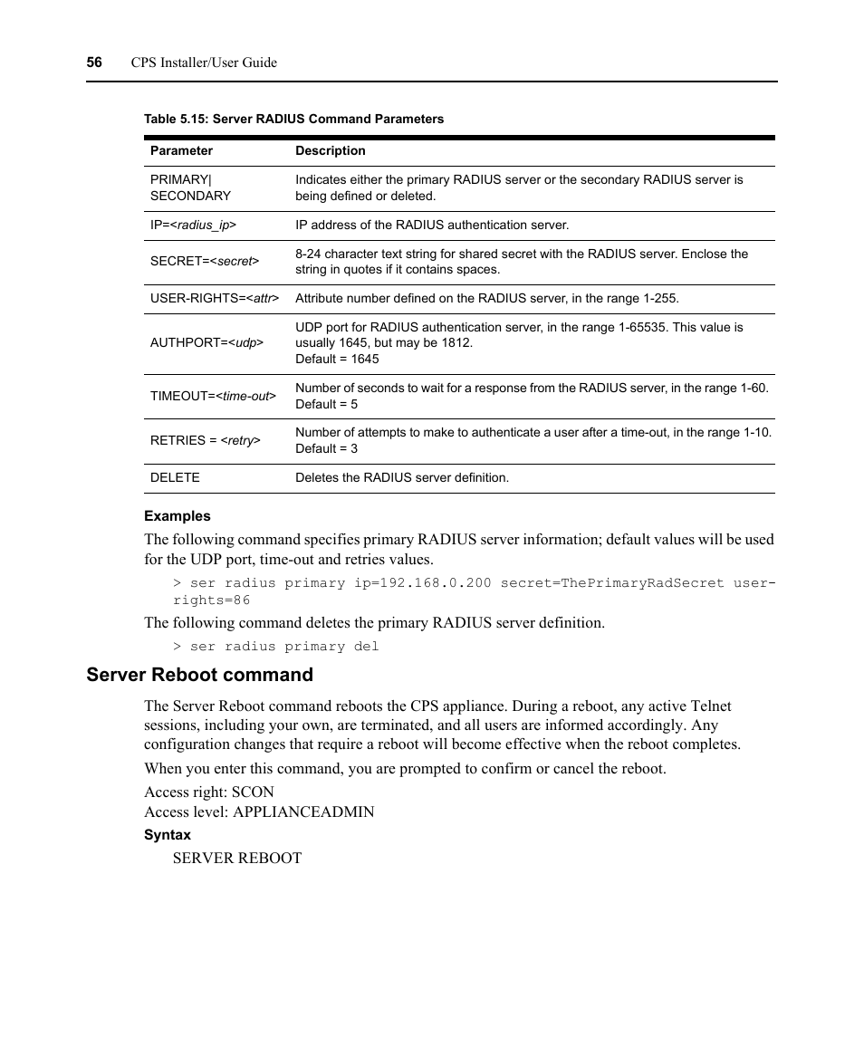 Server reboot command, Table 5.15: server radius command parameters | Avocent CPS810 User Manual | Page 70 / 108