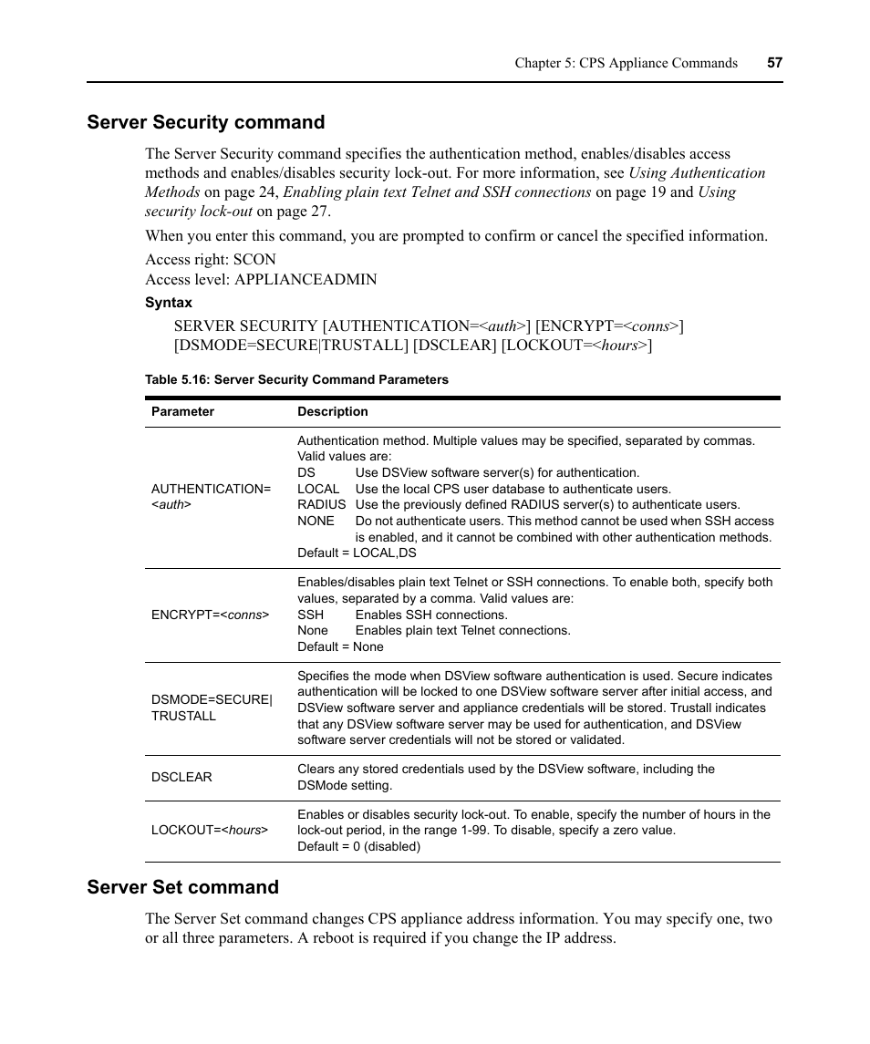 Server security command, Server set command, Server security command server set command | Table 5.16: server security command parameters | Avocent CPS810 User Manual | Page 71 / 108