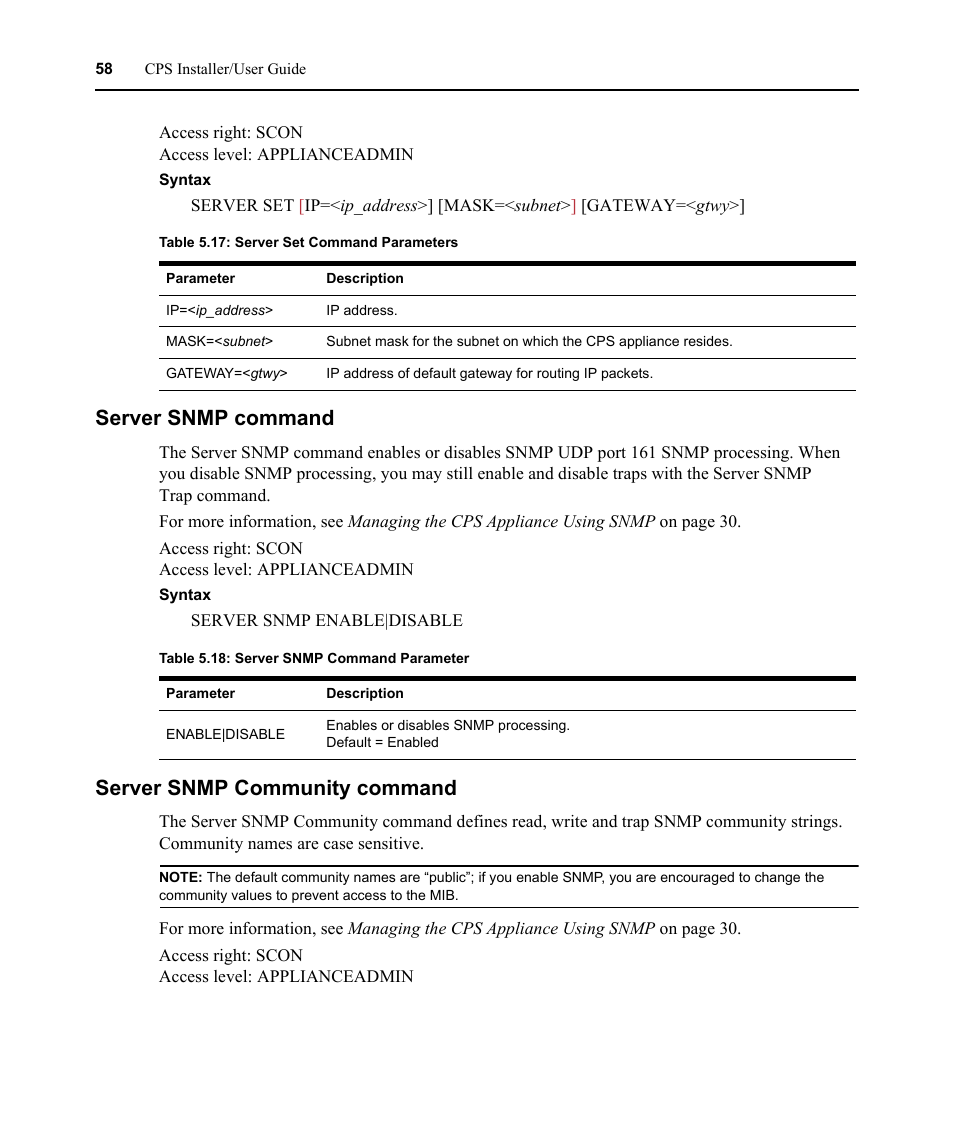 Server snmp command, Server snmp community command, Server snmp command server snmp community command | Table 5.17: server set command parameters, Table 5.18: server snmp command parameter | Avocent CPS810 User Manual | Page 72 / 108