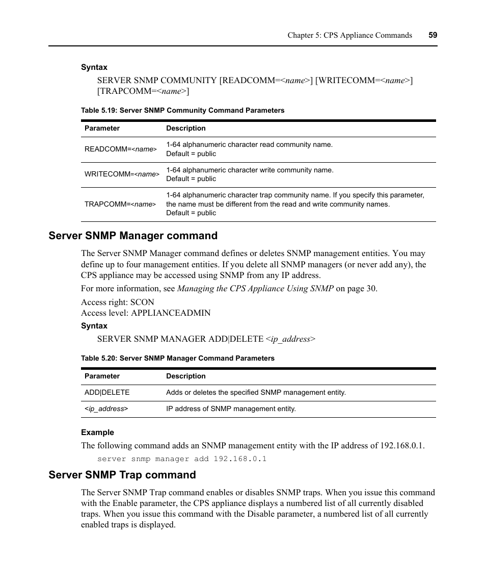 Server snmp manager command, Server snmp trap command, Table 5.20: server snmp manager command parameters | Avocent CPS810 User Manual | Page 73 / 108