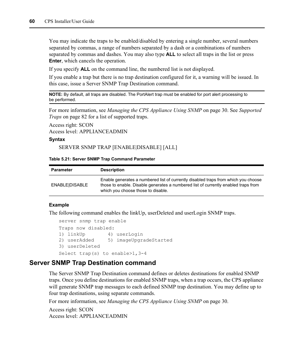 Server snmp trap destination command, Table 5.21: server snmp trap command parameter | Avocent CPS810 User Manual | Page 74 / 108