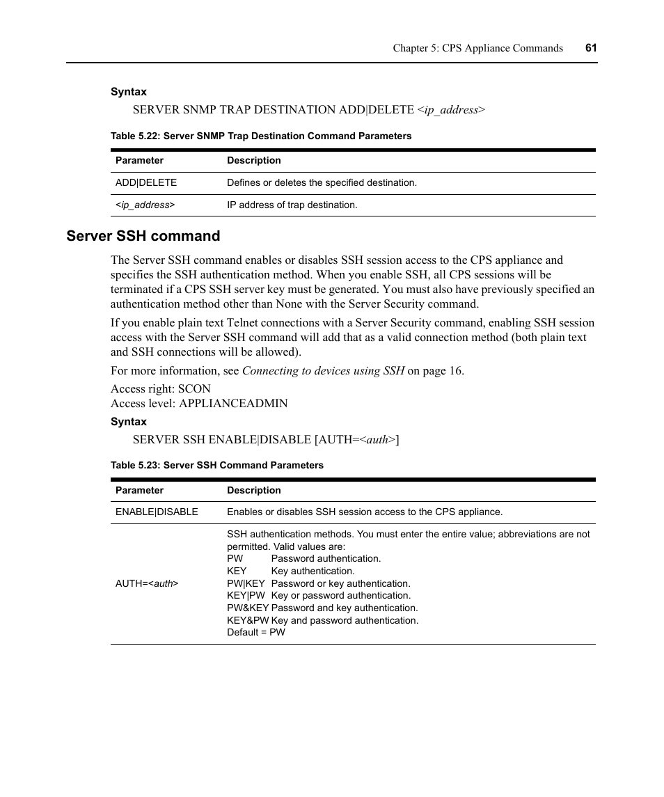 Server ssh command, Table 5.23: server ssh command parameters | Avocent CPS810 User Manual | Page 75 / 108