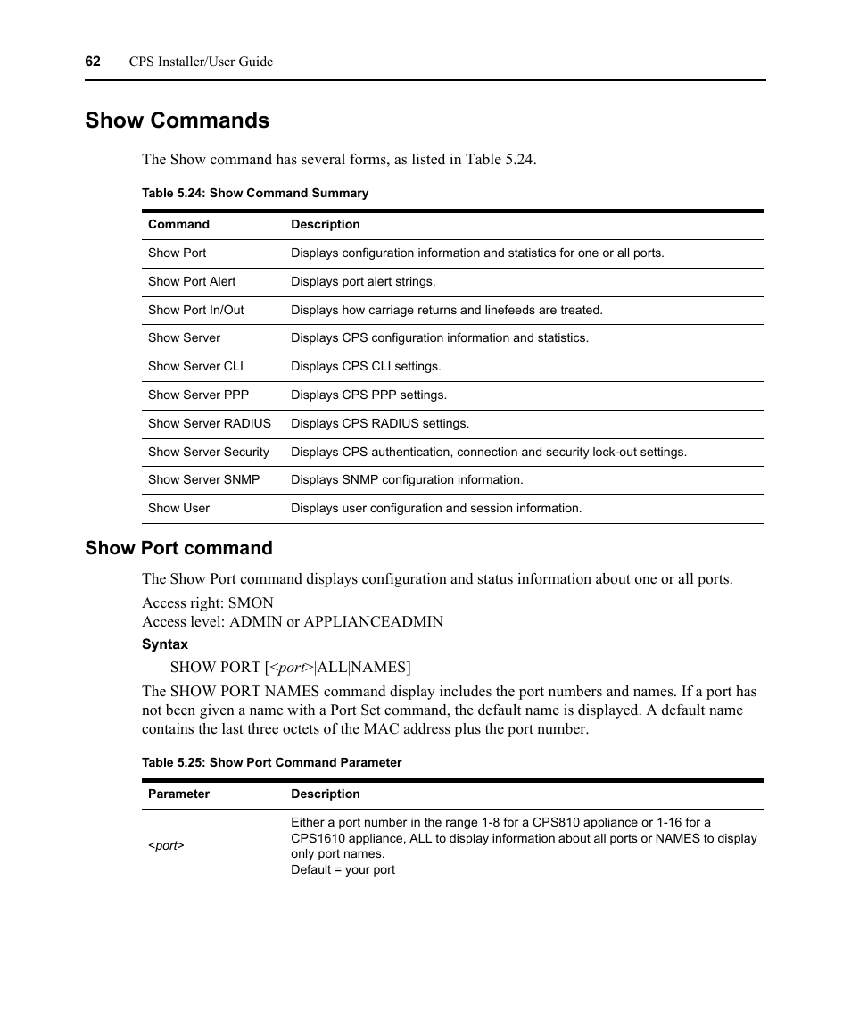 Show commands, Show port command, Table 5.24: show command summary | Table 5.25: show port command parameter | Avocent CPS810 User Manual | Page 76 / 108