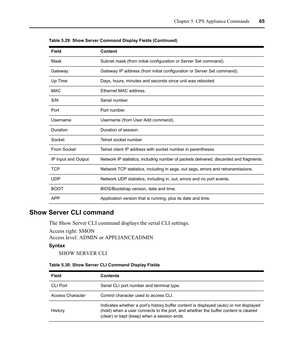 Show server cli command, Table 5.30: show server cli command display fields | Avocent CPS810 User Manual | Page 79 / 108