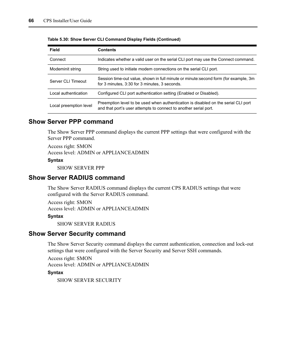 Show server ppp command, Show server radius command, Show server security command | Avocent CPS810 User Manual | Page 80 / 108