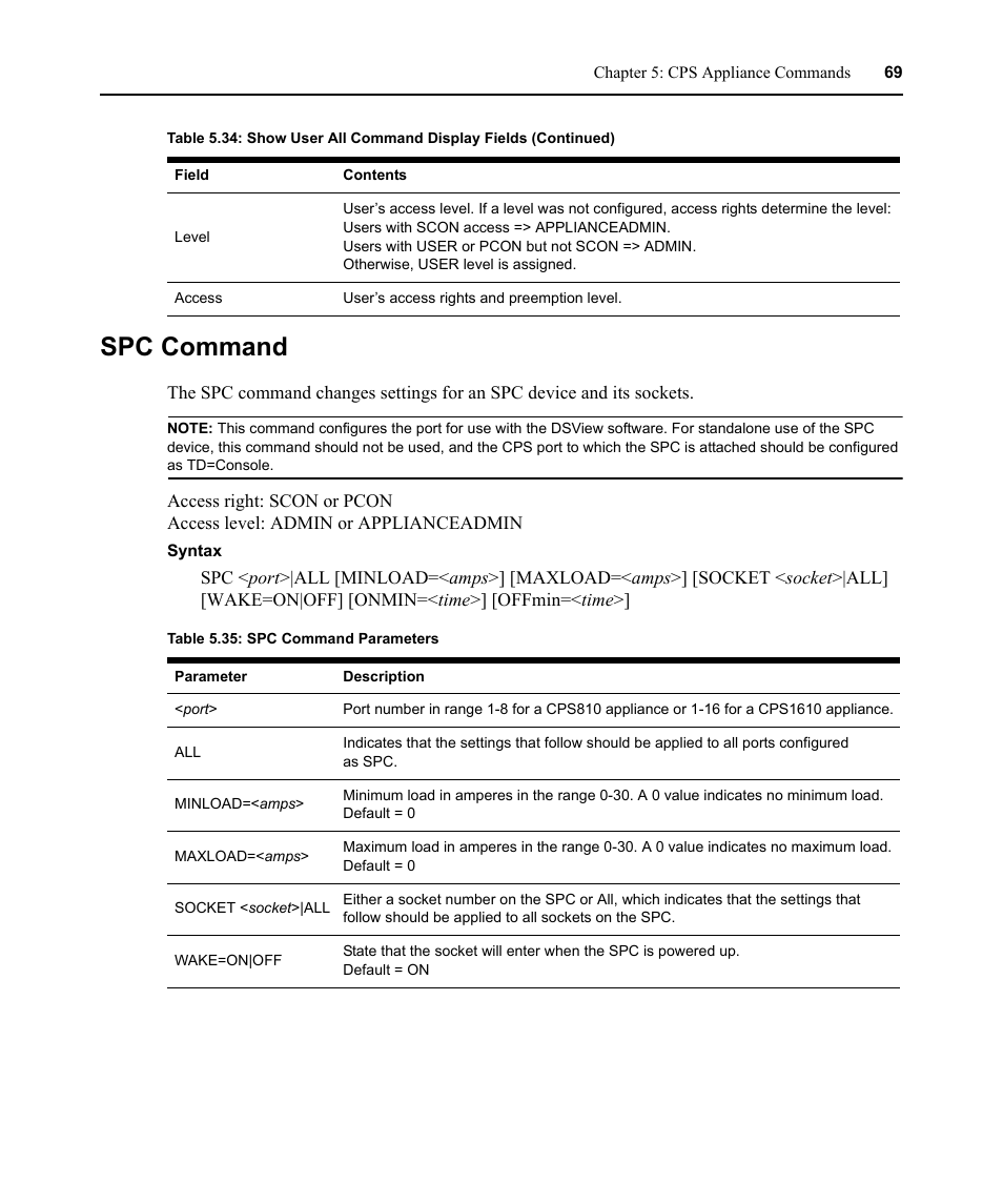 Spc command, Table 5.35: spc command parameters | Avocent CPS810 User Manual | Page 83 / 108