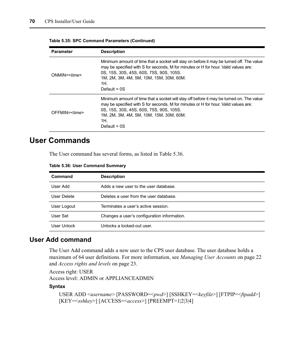 User commands, User add command, Table 5.36: user command summary | Avocent CPS810 User Manual | Page 84 / 108