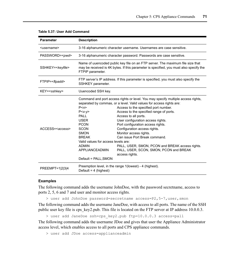 Table 5.37: user add command | Avocent CPS810 User Manual | Page 85 / 108