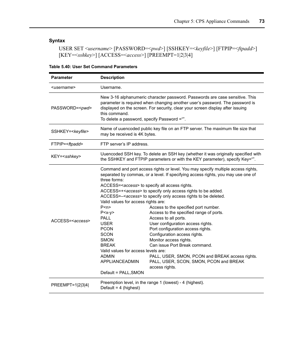 Table 5.40: user set command parameters | Avocent CPS810 User Manual | Page 87 / 108