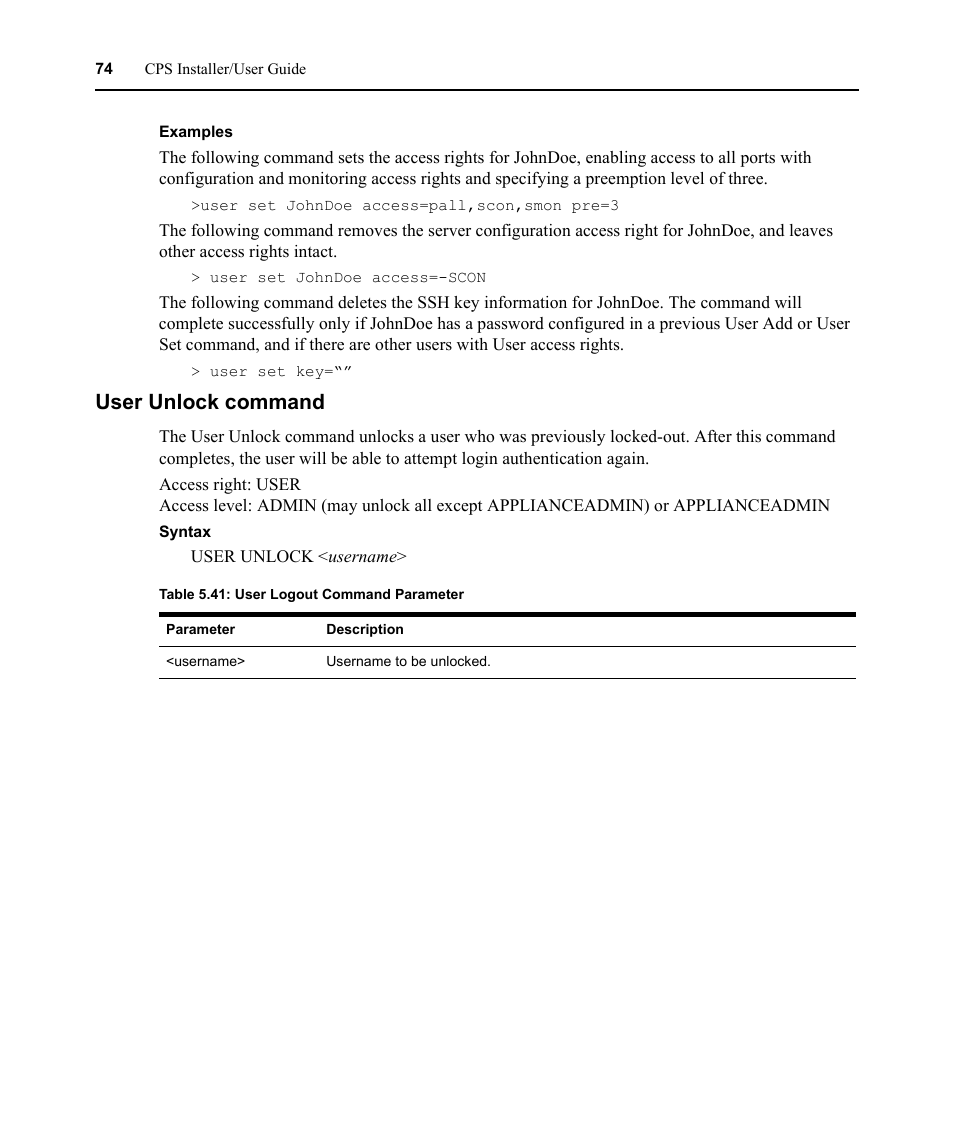 User unlock command, Table 5.41: user logout command parameter | Avocent CPS810 User Manual | Page 88 / 108