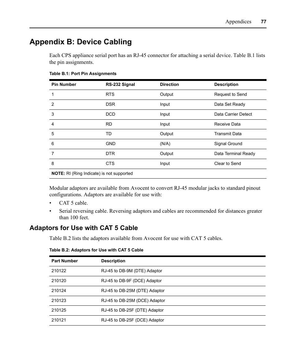 Appendix b: device cabling, Adaptors for use with cat 5 cable, Table b.1: port pin assignments | Table b.2: adaptors for use with cat 5 cable | Avocent CPS810 User Manual | Page 91 / 108