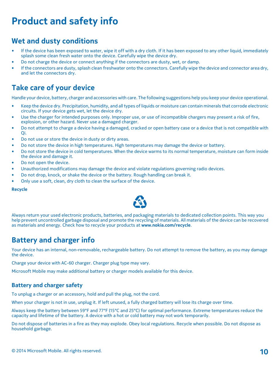 Product and safety info, Wet and dusty conditions, Take care of your device | Battery and charger info, Battery and charger safety | Nokia DC-50 User Manual | Page 10 / 12