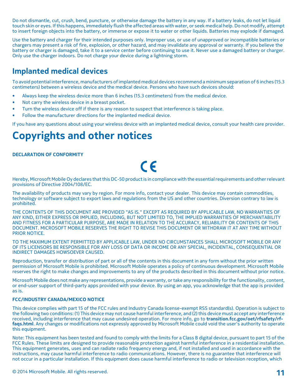 Implanted medical devices, Copyrights and other notices | Nokia DC-50 User Manual | Page 11 / 12