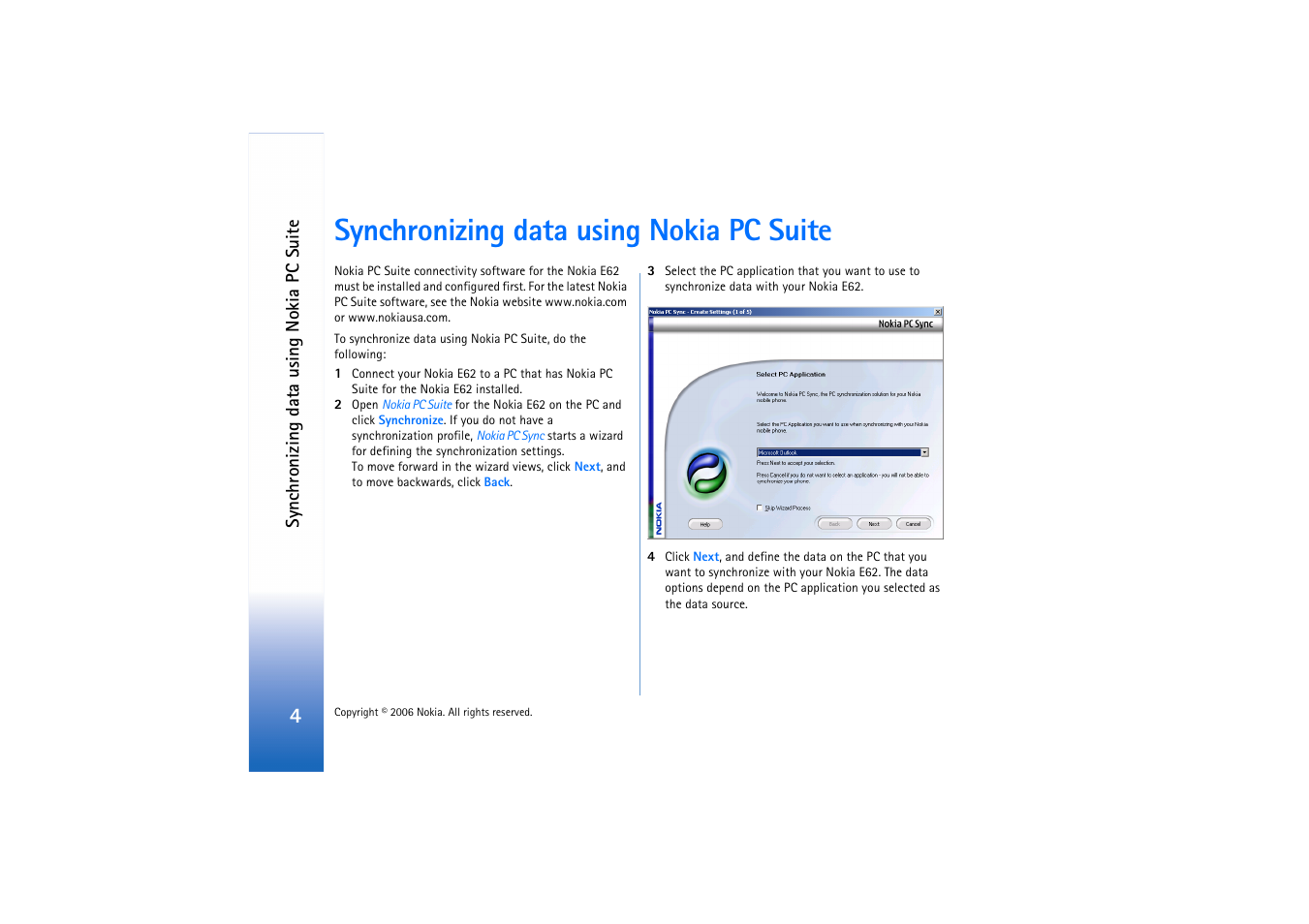 Synchronizing data using nokiapcsuite, Synchronizing data using nokia pc suite | Nokia E62 User Manual | Page 4 / 10