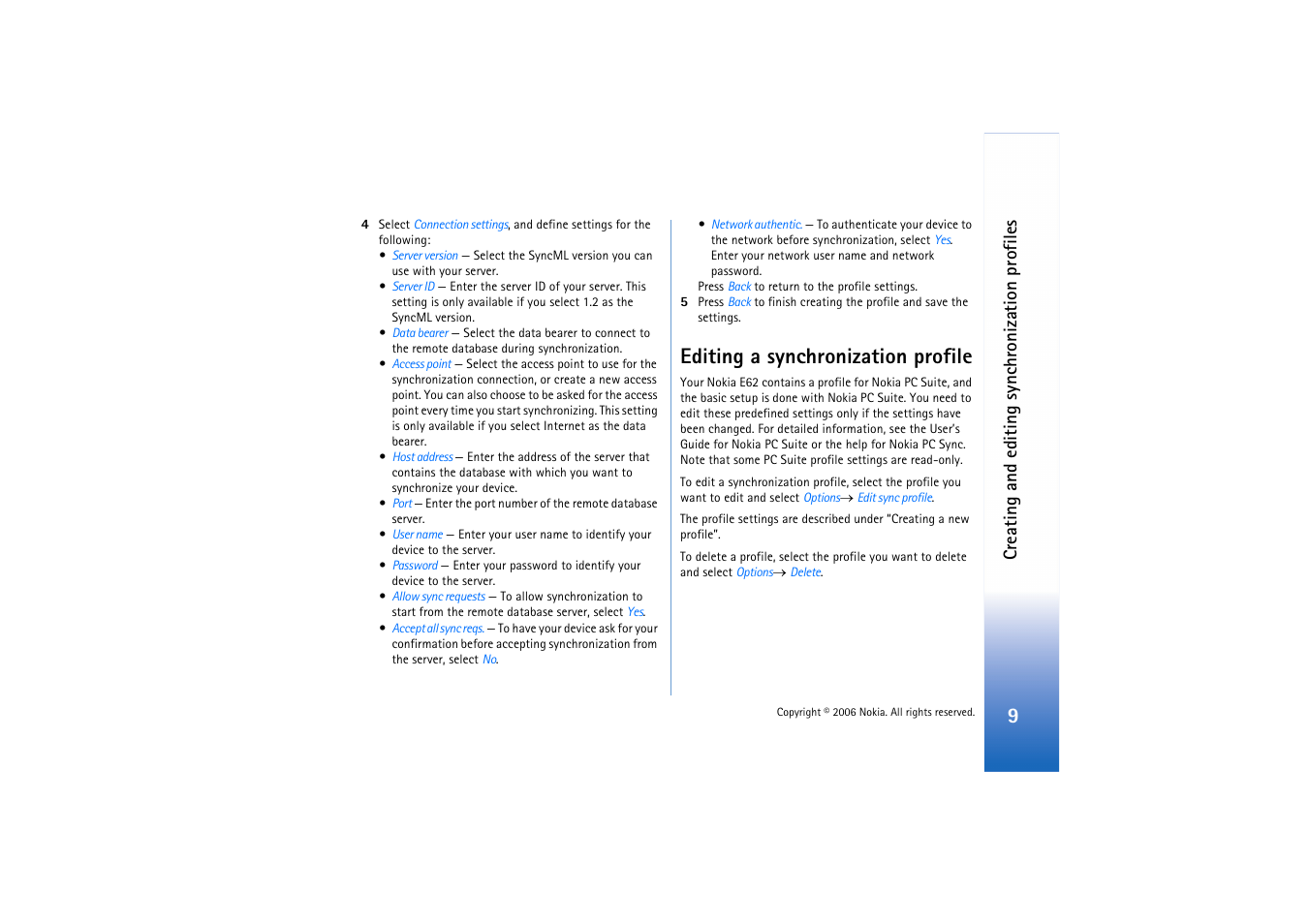Editing a synchronization profile, Creating and editing s ynchronization profiles | Nokia E62 User Manual | Page 9 / 10